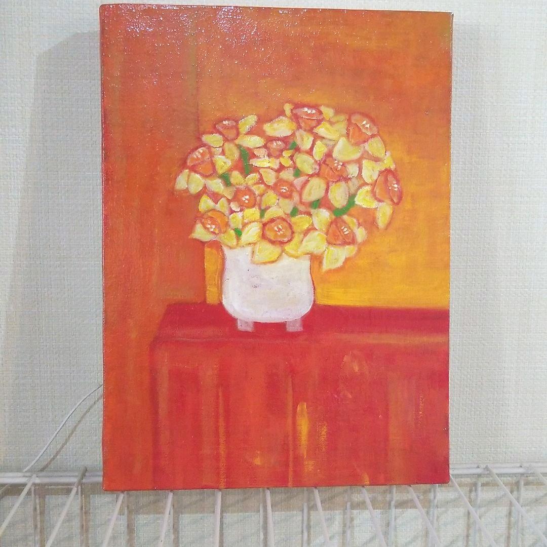 油絵　ラッパ水仙を差した花瓶