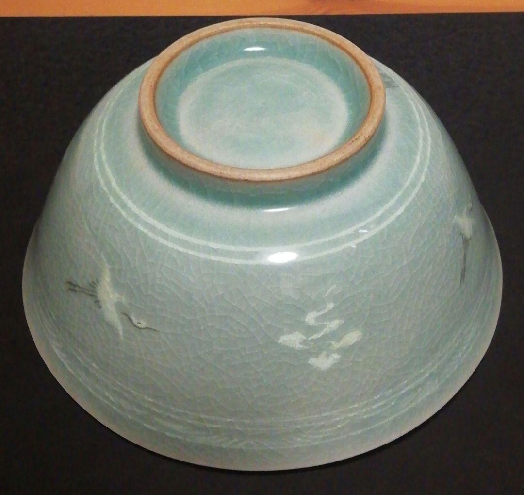 人間国宝　柳海剛作　青磁　鶴図　茶碗　共箱　茶道具