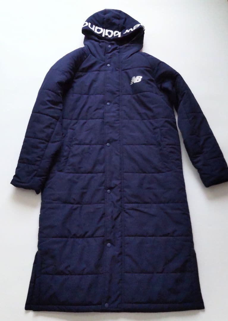 美品 ニューバランス フード ロゴ ロング ベンチコート ジャケット ネイビーM