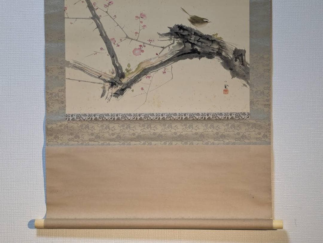 【真作】【複製】掛軸　竹内栖鳳　工芸画　梅に鶯図　合箱入　T50