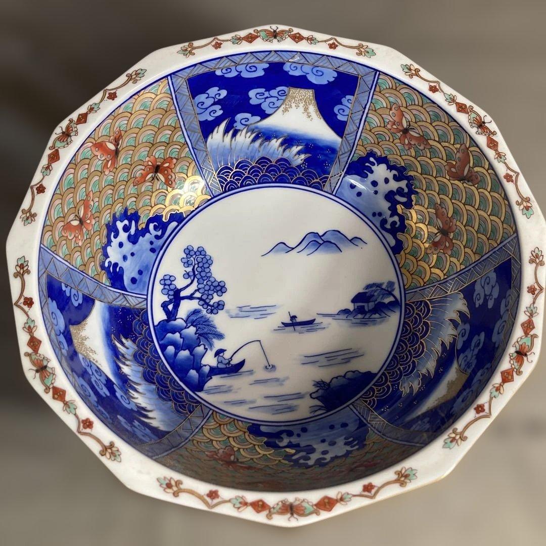 【古伊万里文】古伊万里の伝統　日本の名窯　染錦六方割富士波蝶山水絵　十二角大深鉢