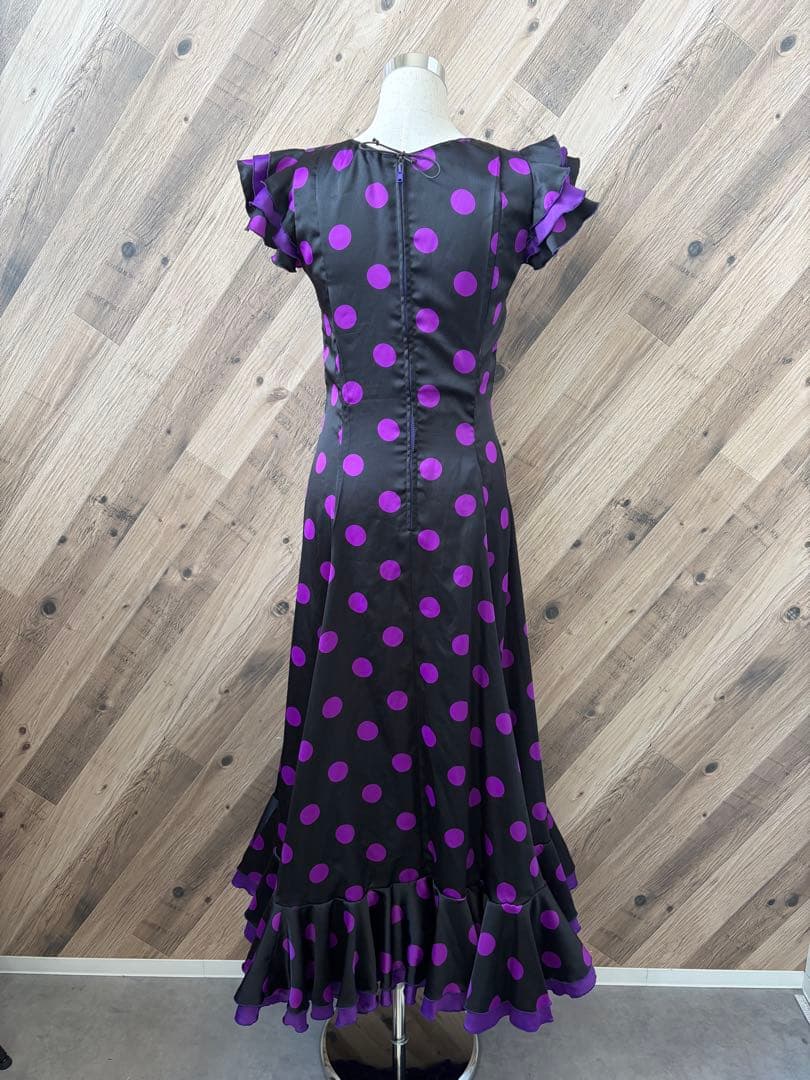 フラメンコ 衣装 フロッキー水玉模様 二重 大判フリル ワンピース ドレス