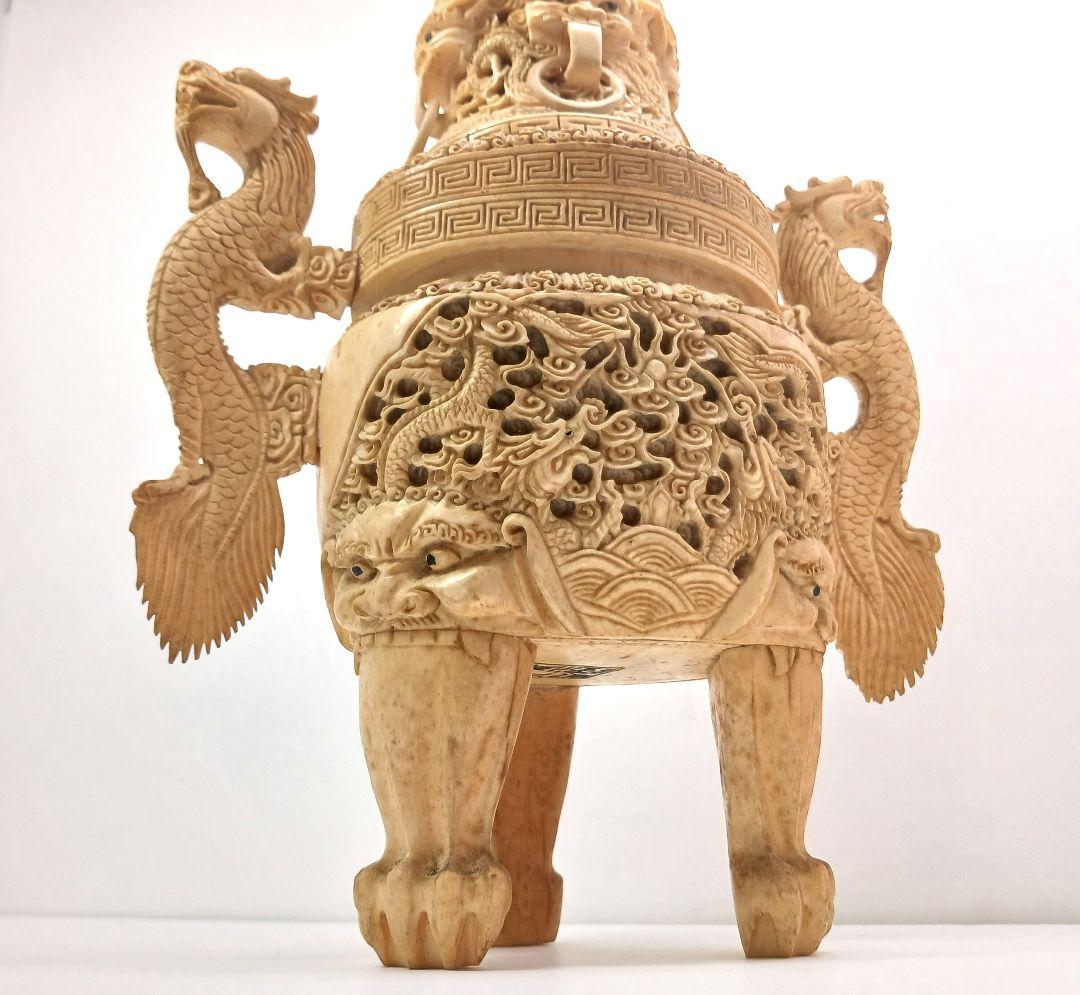 Y958-2 高級彫刻 細密造 龍細工 獅子香炉 重量1262.2g 高さ29㎝