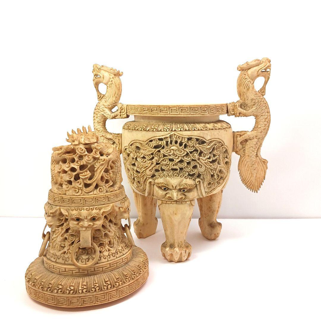 Y958-2 高級彫刻 細密造 龍細工 獅子香炉 重量1262.2g 高さ29㎝