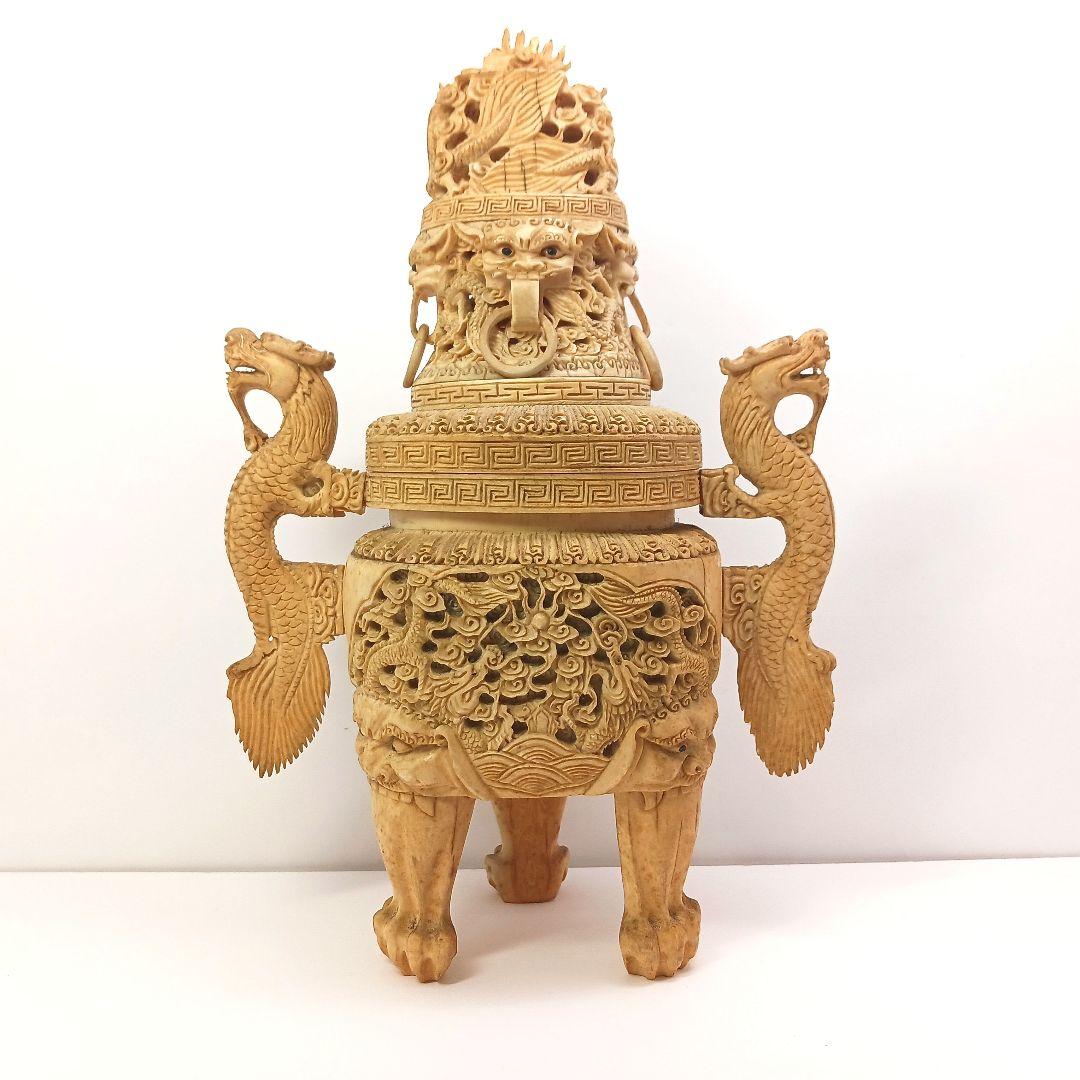 Y958-2 高級彫刻 細密造 龍細工 獅子香炉 重量1262.2g 高さ29㎝