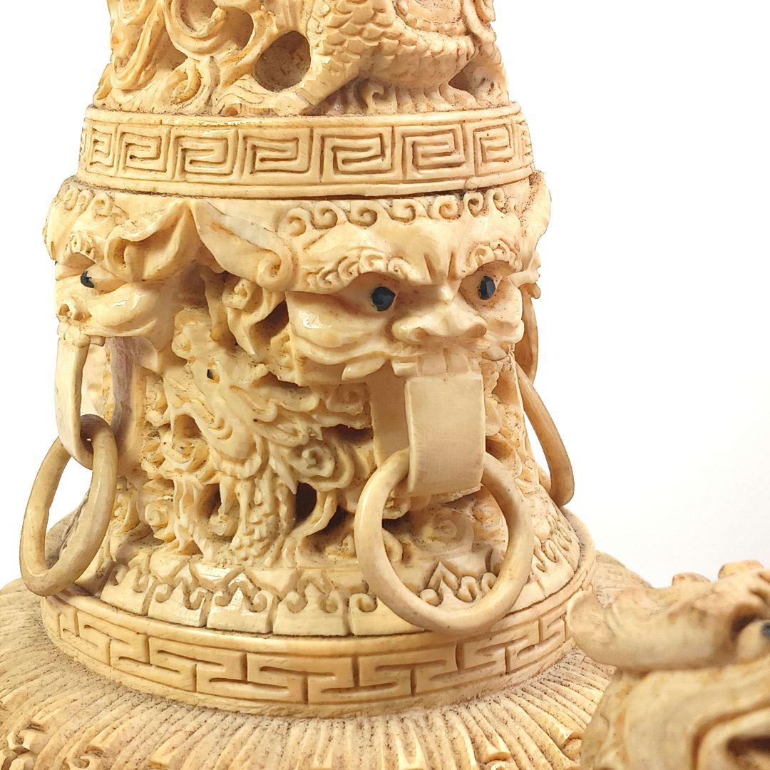 Y958-2 高級彫刻 細密造 龍細工 獅子香炉 重量1262.2g 高さ29㎝