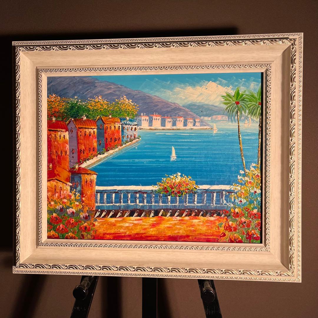 手書き油絵 地中海の風景 絵画 インテリア 油彩画