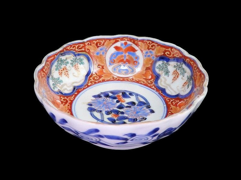 古伊万里　色絵 窓絵　藤に蝶　菊の図　膾皿　５客　C202AS-CWv