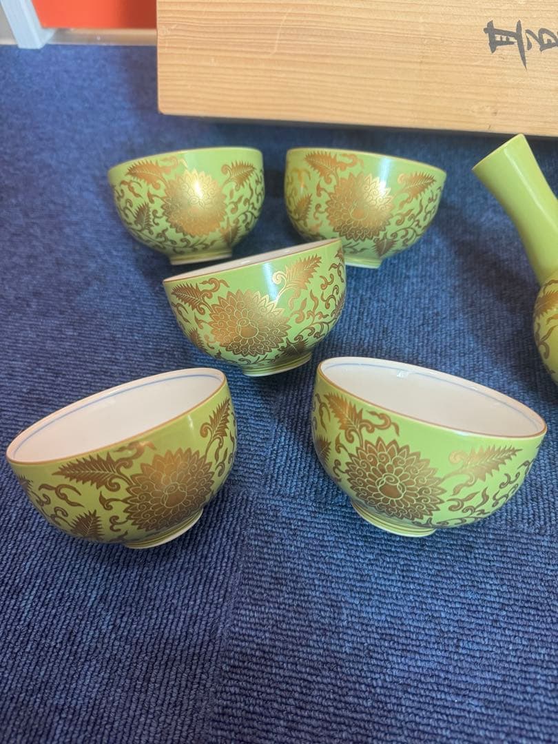 1800  希少　其泉　萌黄金欄手 茶器セット　急須1客　湯呑5客　金彩