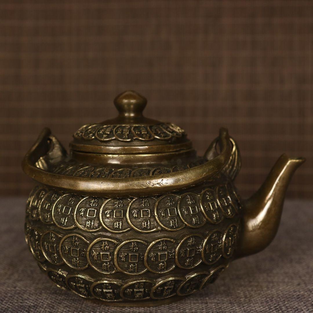 提梁壷 銅銭茶壺 工芸品 美術品 置物