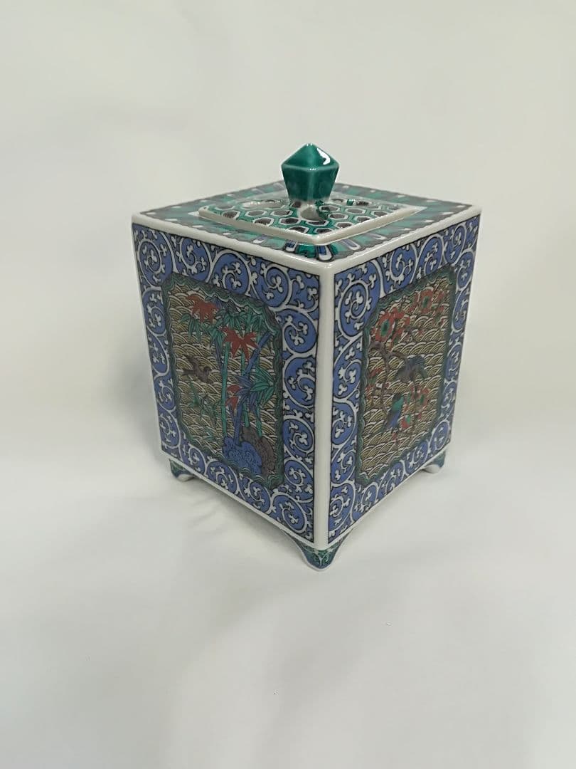 九谷焼 香籠 九谷 花鳥唐草 角香炉 白雅作 新品未使用 レア アンティーク