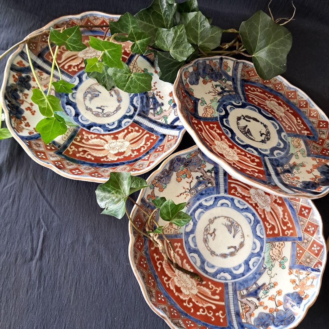 「華やかな食卓！ 金彩古伊万里皿(直径21cm)」富貴長春皿2客セット 骨董アン