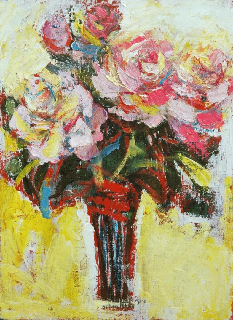 油絵 菅家令子 絵 絵画インテリア (青緑＋金色の枠) F4-070202 ばら