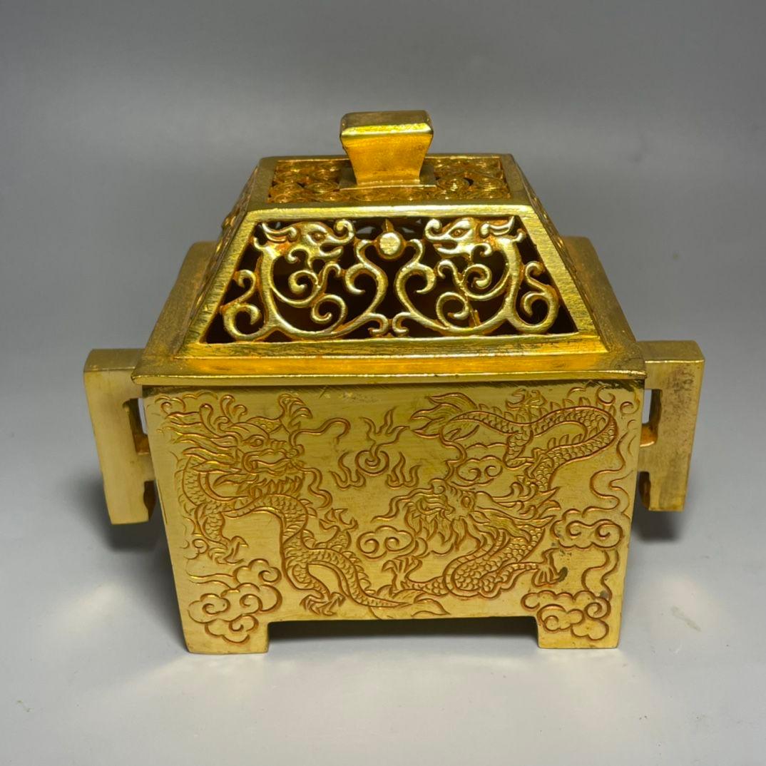 銅制 竜紋透かし彫り蓋宣徳方炉 室内香炉 香道具 茶道具 装飾品 工芸品 置物