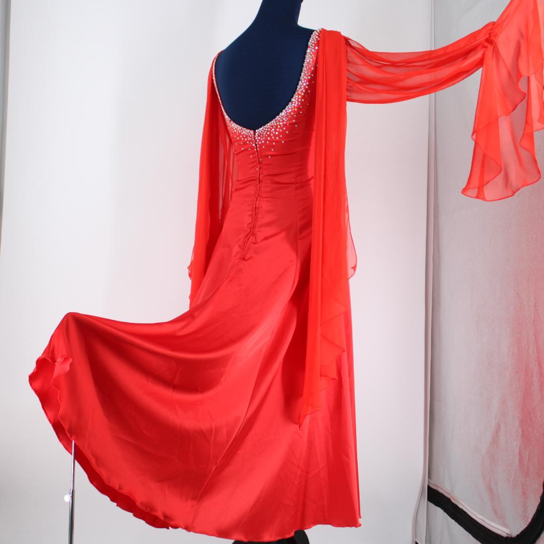 【美品 社交ダンス衣装】レッド ワンピース ドレス ラインストーン レース 袖