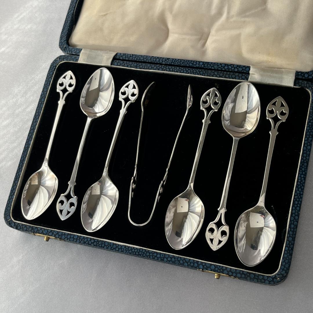【英国】 透かしのティースプーン / シュガートング 6名用 ケース