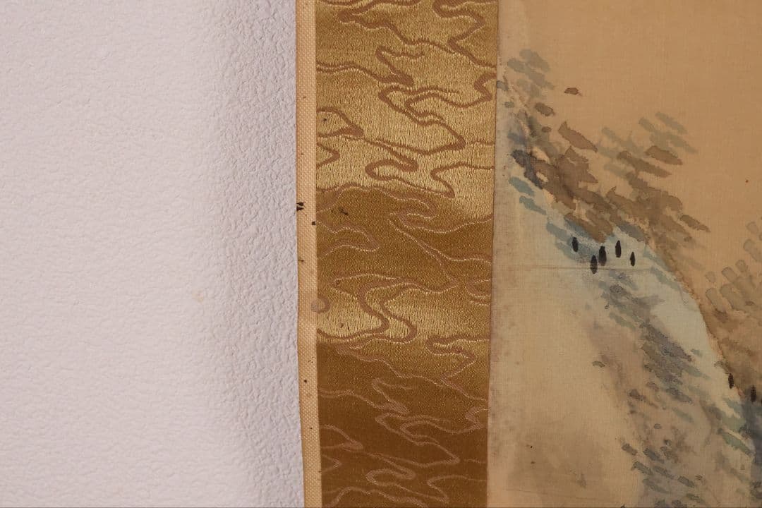 【模写】松雲山人 飛瀑図 滝 人物 山水 絹本 掛軸 彩色 MB130