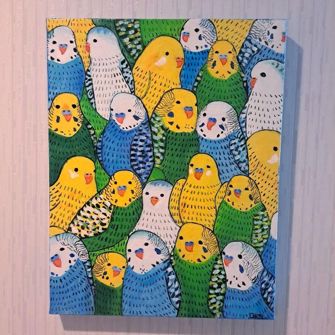 キャンバス油絵　専用　仲良く集まるカラフルかわいいインコたち