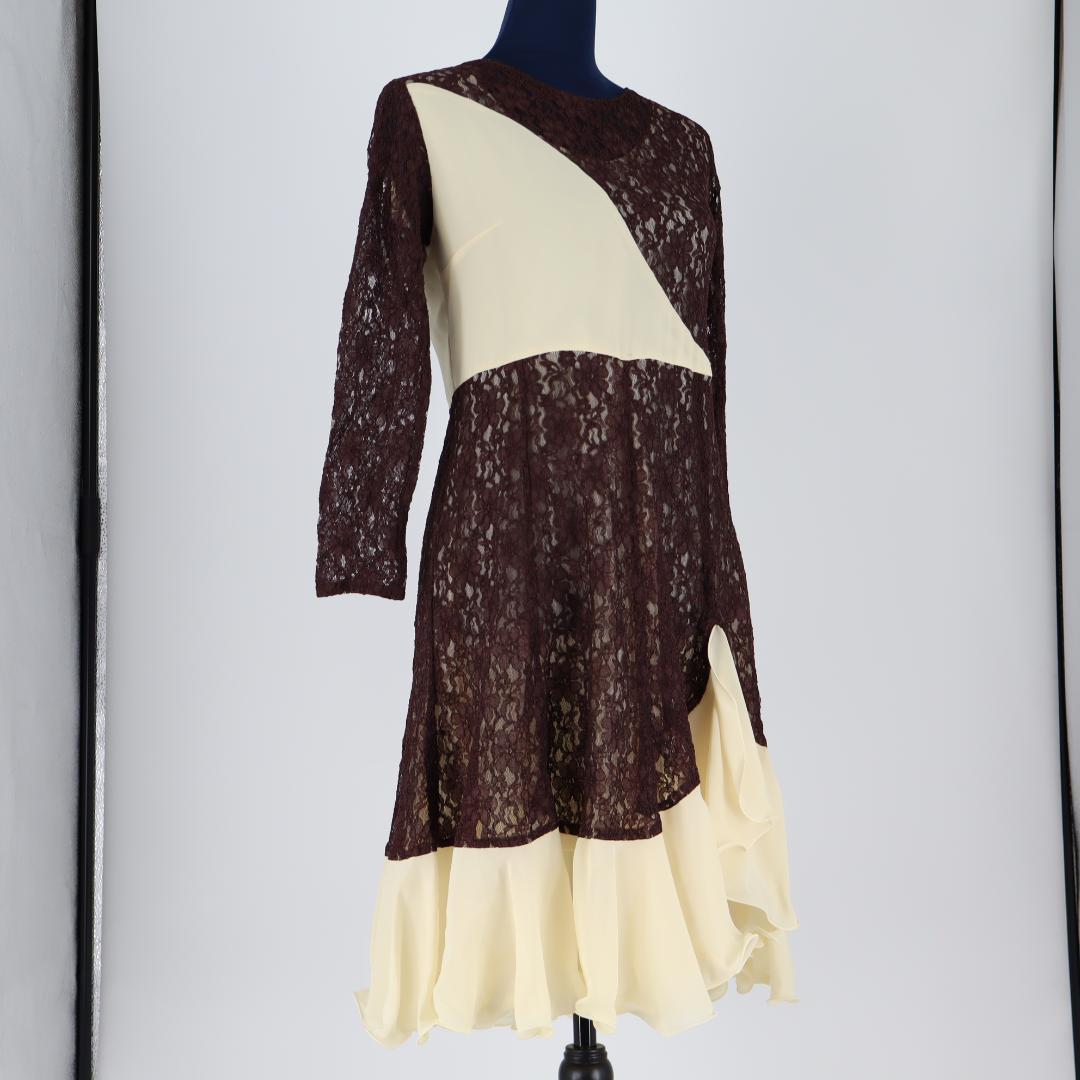 【美品 社交ダンス衣装】ブラウンレース地×クリーム ラテンドレス ストレッチ有