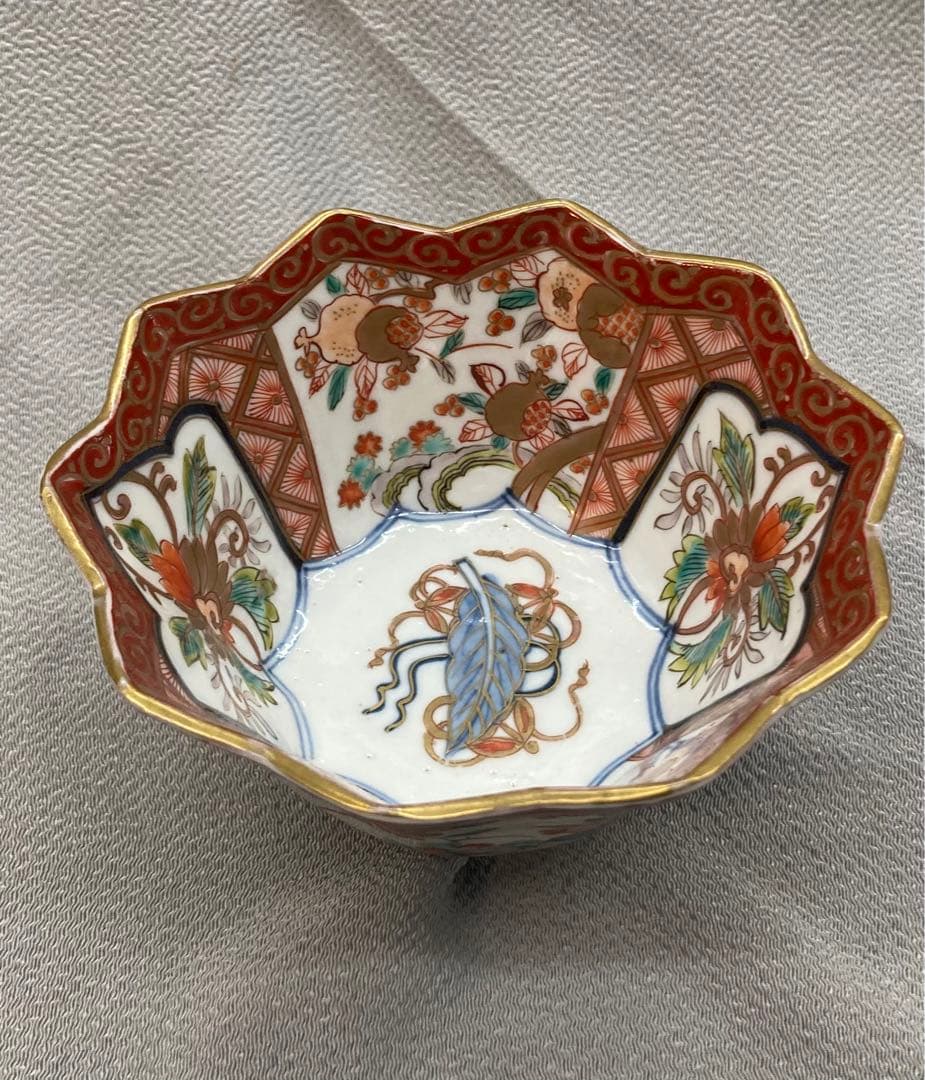 B12s 伊万里焼　錦柘榴図多角形鉢　江戸期　会席・懐石料理