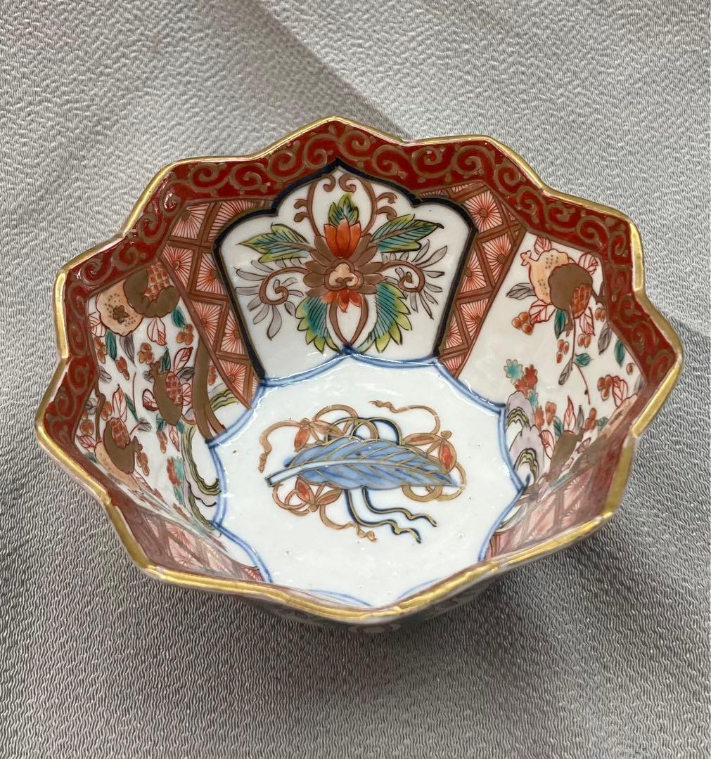 B12s 伊万里焼　錦柘榴図多角形鉢　江戸期　会席・懐石料理