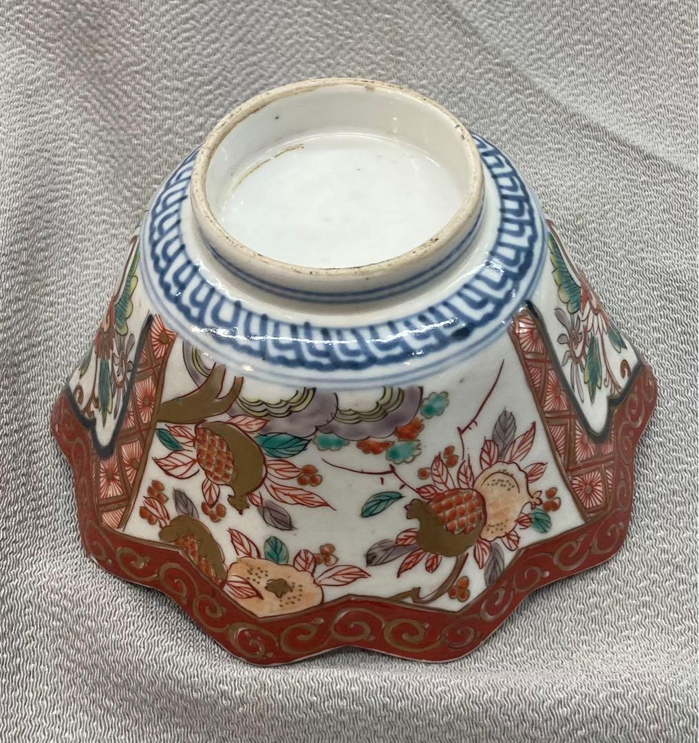 B12s 伊万里焼　錦柘榴図多角形鉢　江戸期　会席・懐石料理