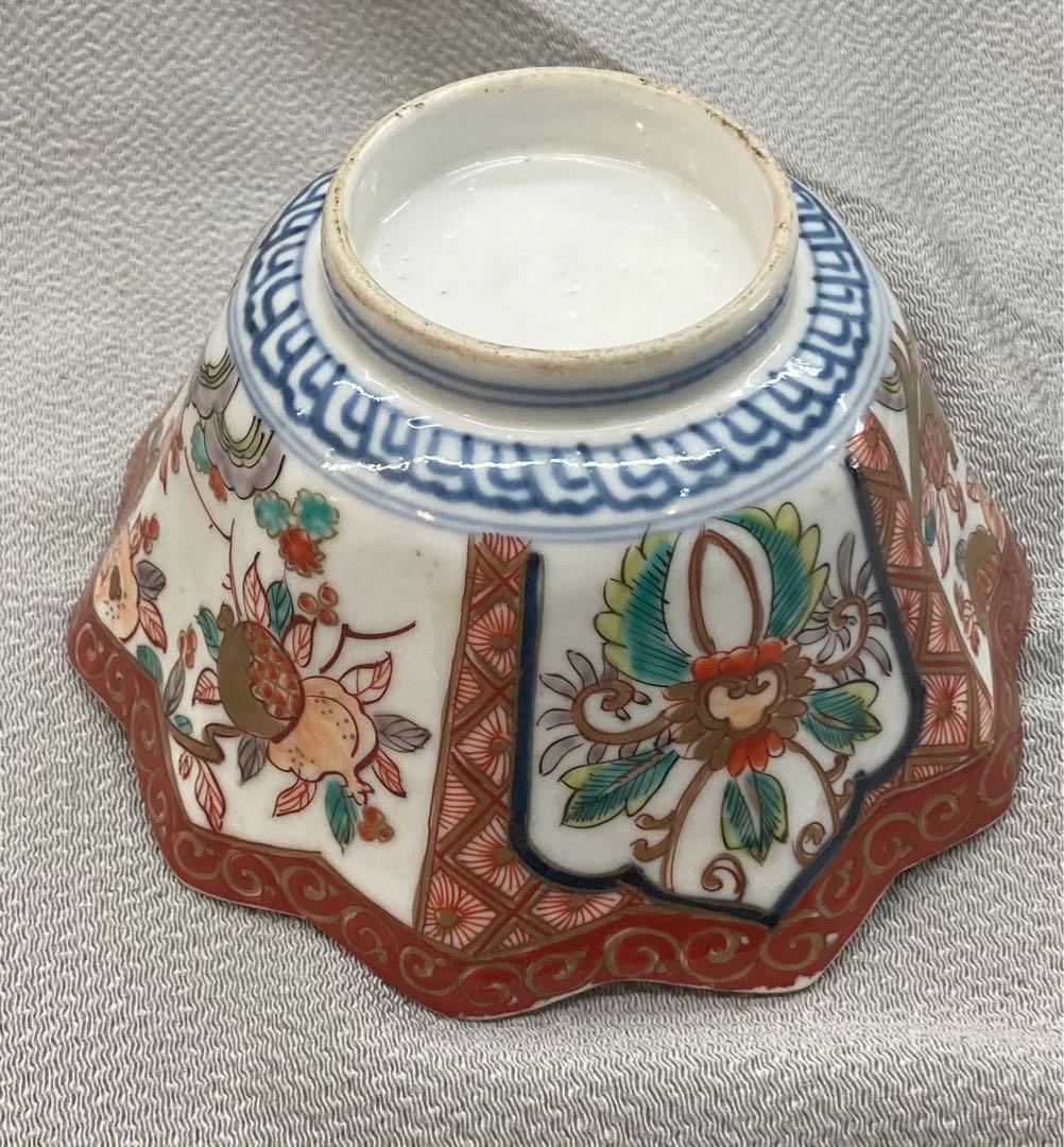 B12s 伊万里焼　錦柘榴図多角形鉢　江戸期　会席・懐石料理