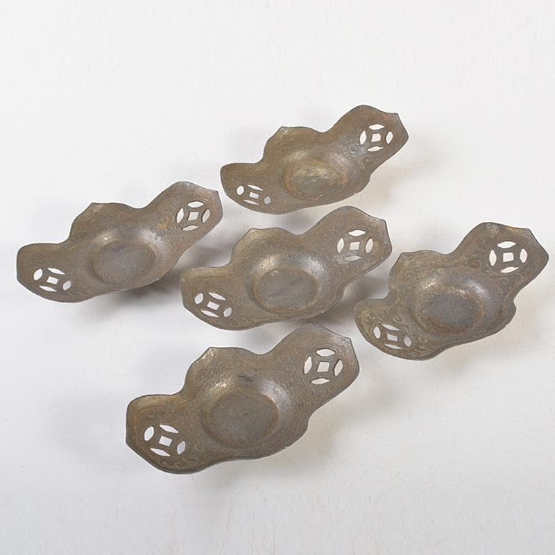 中国　古錫　洸存周款　木瓜式　茶托　五客　合計約186g　V　R7463