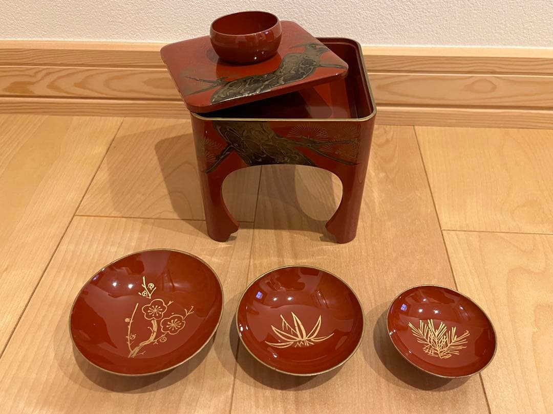 洗朱本輪島型　重箱 屠蘇機　老松