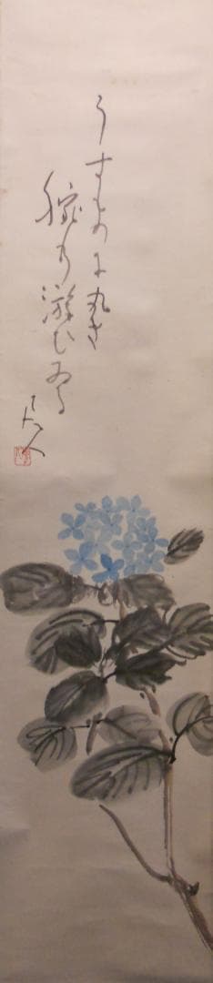 掛け軸 三好風人 『 紫陽花 』 俳句 画賛 俳画 紙本 希少 軸装 掛軸 美品