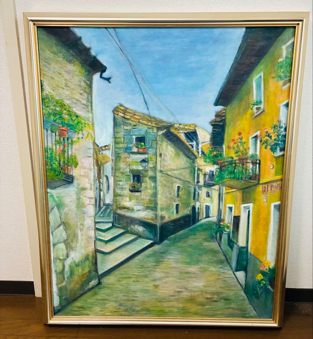 油彩画 街並み 大きめ 金色フレーム