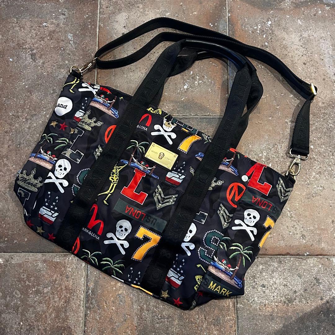 楽市楽座 MARK＆LONA ビッグトートバッグ 総柄 スカル ボストン
