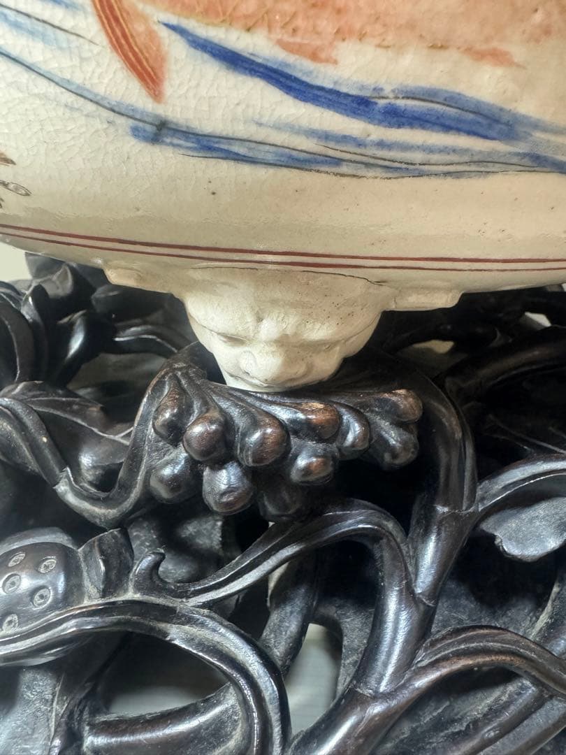 2175 骨董　色絵魚文　金魚鉢　花台付き　根木風　時代物