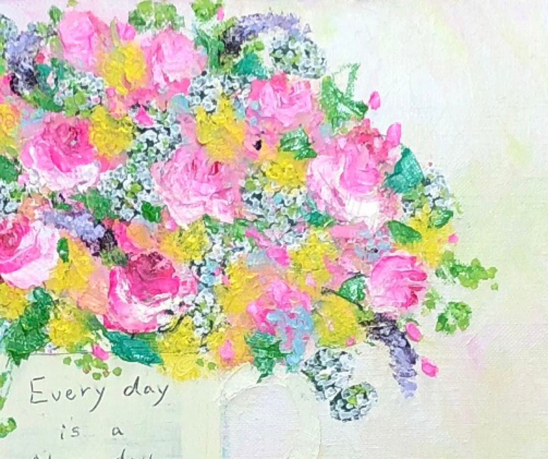 油絵　原画　一点物　春　花　バラ　ピンク　アート　インテリア　プレゼント　F4