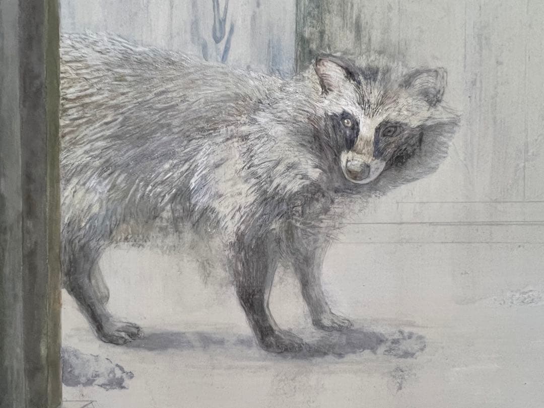 日本画　日本家屋　たぬき　動物　狸　岩絵具　B1サイズ　パネル