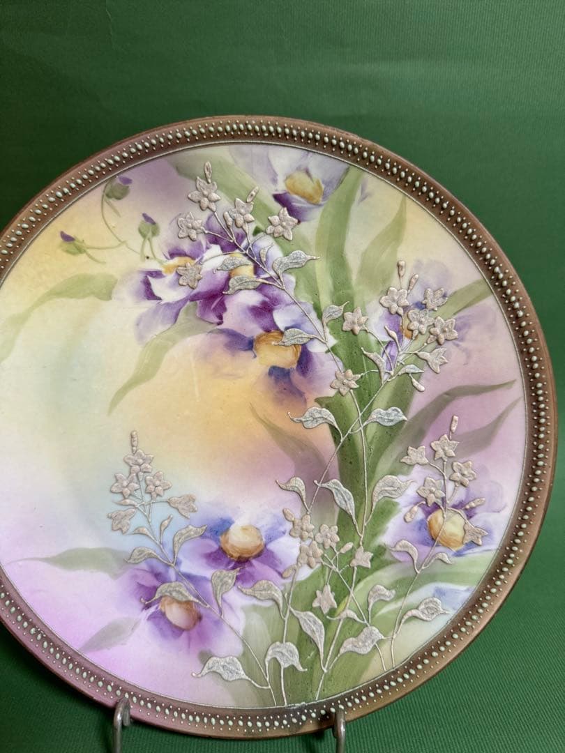 オールドノリタケ 桔梗 盛上げ 紫花 飾皿 メイプルリーフ