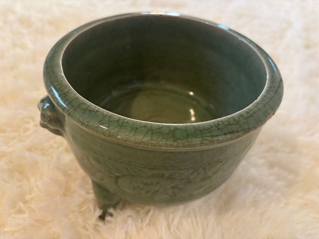 骨董　緑色 陶器 香炉　彫刻装飾付き