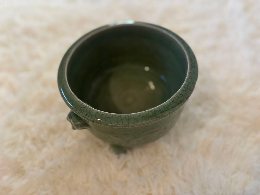 骨董　緑色 陶器 香炉　彫刻装飾付き
