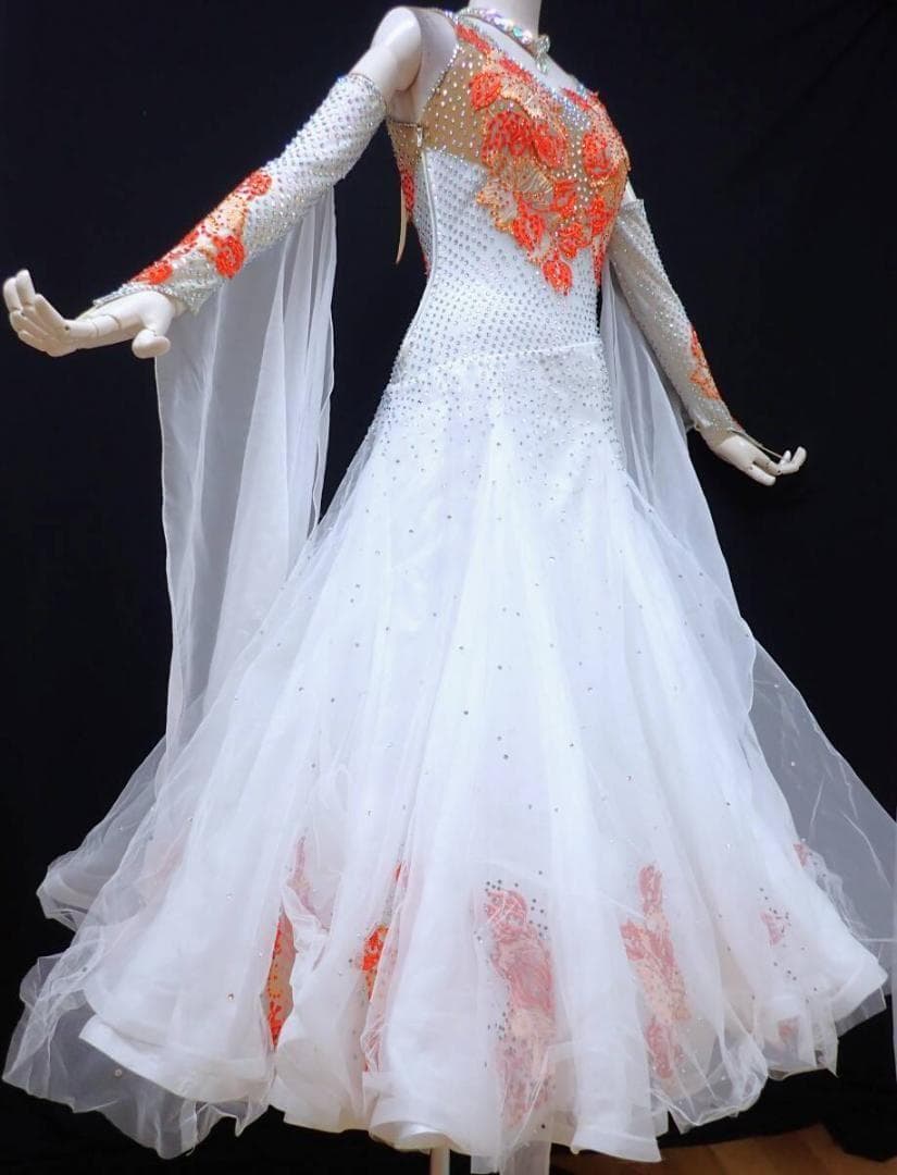 6353★オフ白×オレンジ/チュール/ワンピ/スタンダードドレス☆社交ダンス