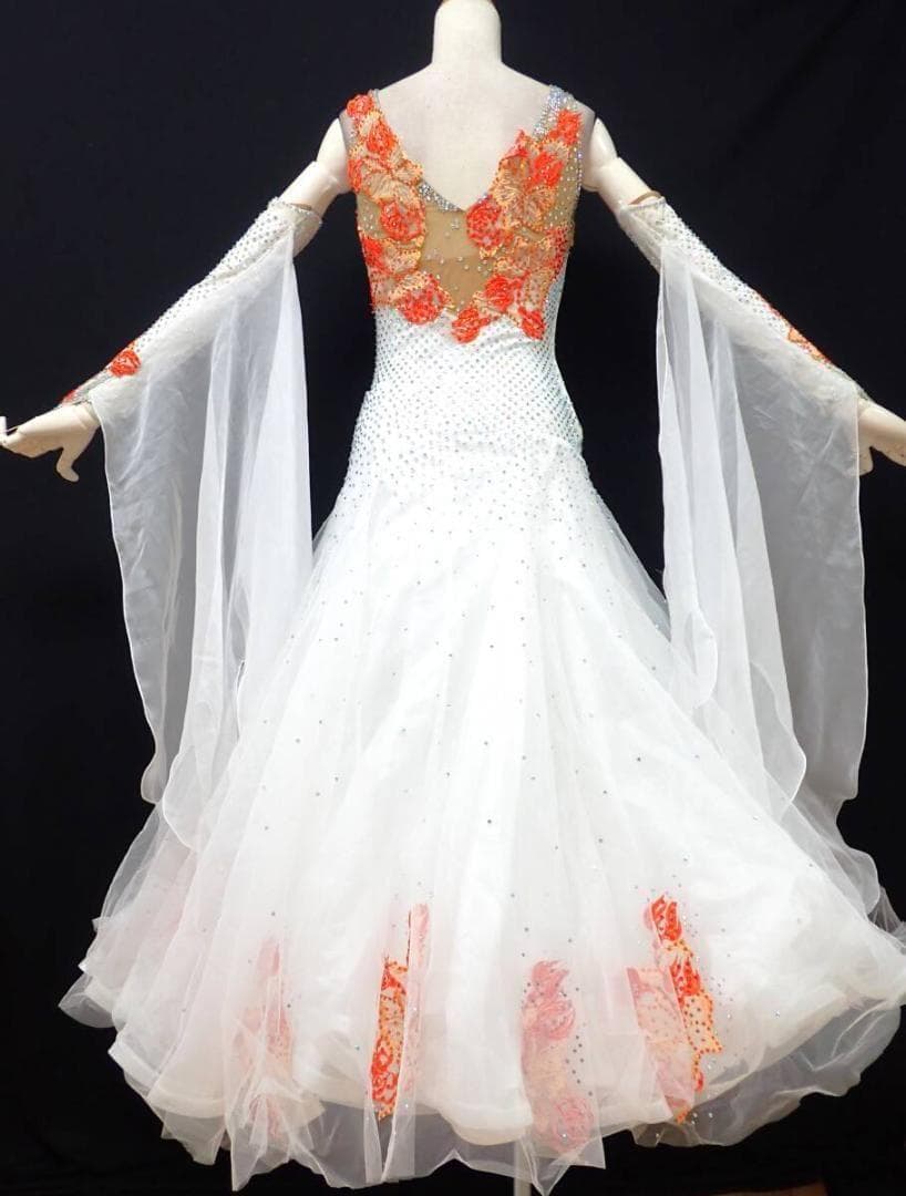 6353★オフ白×オレンジ/チュール/ワンピ/スタンダードドレス☆社交ダンス