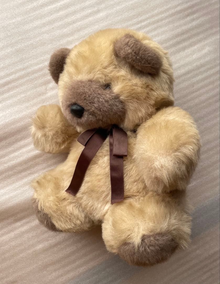 希少★昭和ベージュのリボン付きクマのぬいぐるみ