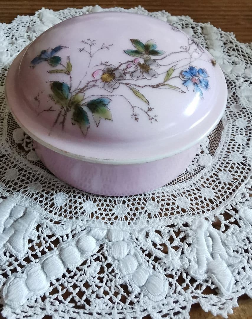 アンティーク リモージュ 手描き山野草 トリンケットジュエリーケース 蓋付陶器