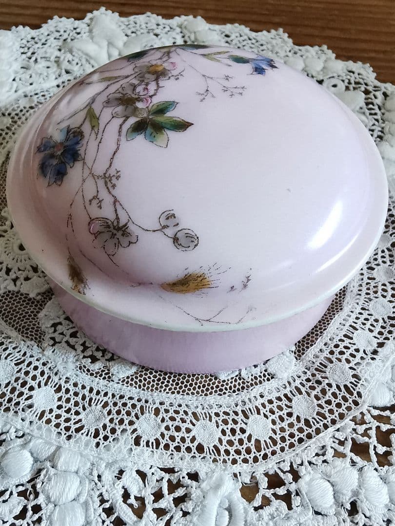 アンティーク リモージュ 手描き山野草 トリンケットジュエリーケース 蓋付陶器