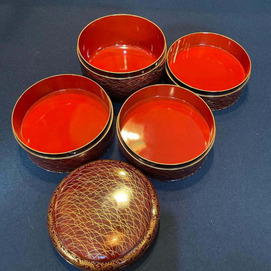 時代物「秋草に露 蒔絵」の『丸型重箱』仕覆・共箱付※美品　重箱　野弁当箱　漆器