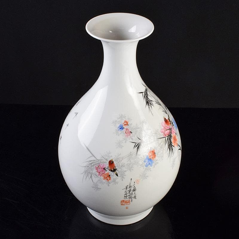 中国　余海犮作　景徳鎮製款　粉彩　漢詩花鳥文　玉壺春瓶　証明書付　MR9302B