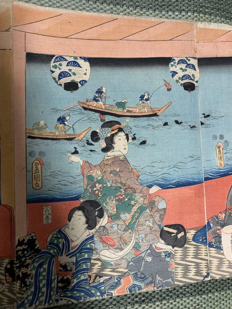 「真作」 豊国 木版画 浮世絵 真作 三枚続 美人画 役者絵 大判 江户