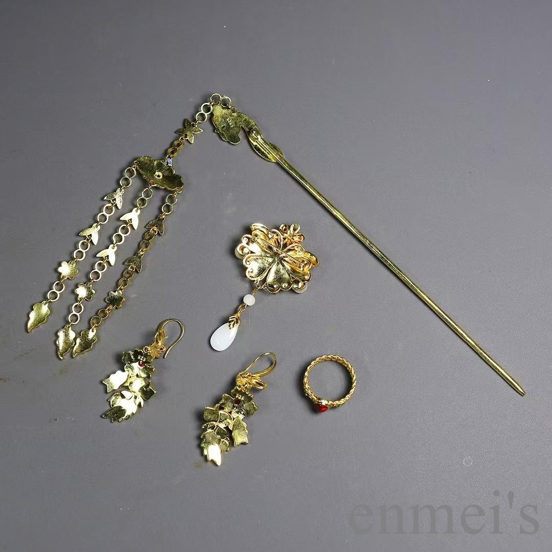 中国古美術 鍍金 純銅製 景泰藍 装身具 首飾一式 簪・耳飾・胸飾・指輪 古賞物