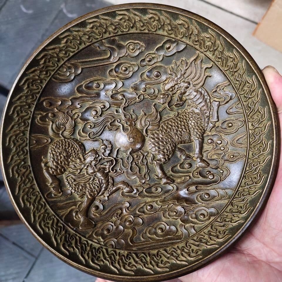 重工 彫刻 祥雲瑞獣 麒麟 大銅盤 銅製品 鎮宅辟邪 開運風水 招財 置物