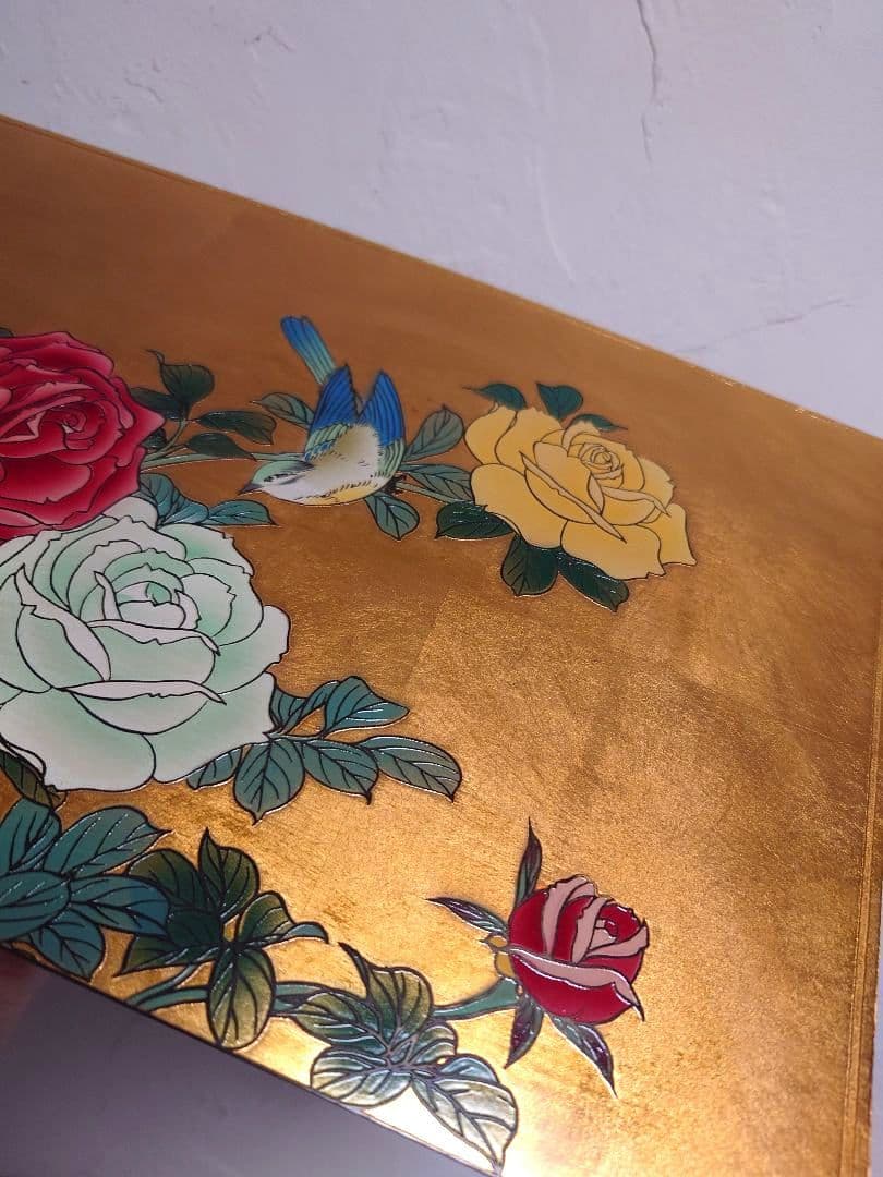 宮越鳳鳴 加賀金箔七宝工芸彫 薔薇 バラ ばらroseローズ 鳥 銅板金工 彫金