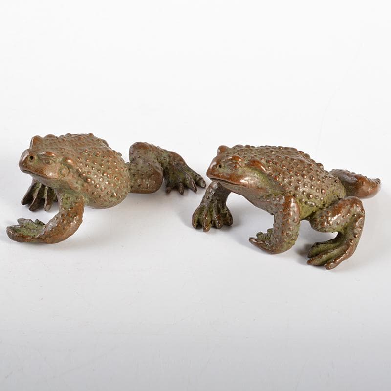 中国　古銅　蛙　紙鎮　置物　一對　C　R6733E